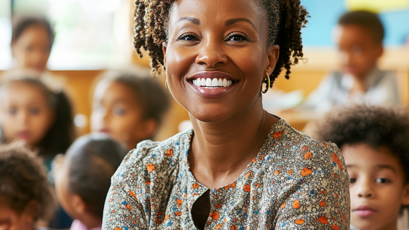 A smiling Black teacher in front of her class